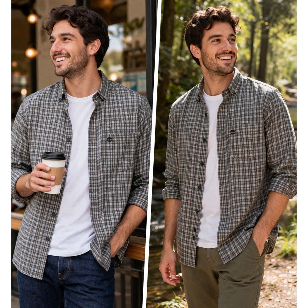 Timberland Plaid Button Down Sz L Shirt Green Gray Outdoor Casual Classic